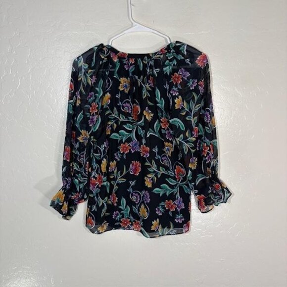 Ramy Brook Shirt Womens XS Navy Multicolor Floral Sheer Chiffon Ruffle Top - Picture 6 of 8
